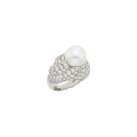 David Webb Platinum, Cultured Pearl and Diamond Dome Ring
