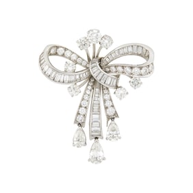Platinum and Diamond Bow Clip-Brooch with White Gold Mesh Necklace