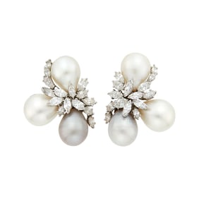 Pair of Platinum, Multicolored Cultured Pearl and Diamond Earclips