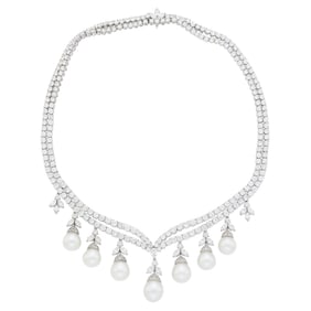 Platinum, Diamond and South Sea Cultured Pearl Pendant-Necklace