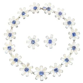 J. E. Caldwell & Co. Platinum, Moonstone and Sapphire Daisy Necklace and Pair of Earclips