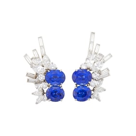 Pair of Platinum, Sapphire and Diamond Earclips