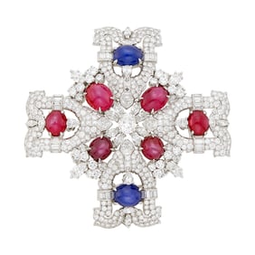 Platinum, Star Sapphire and Ruby and Diamond Maltese Cross Clip-Brooch with Long Double Strand