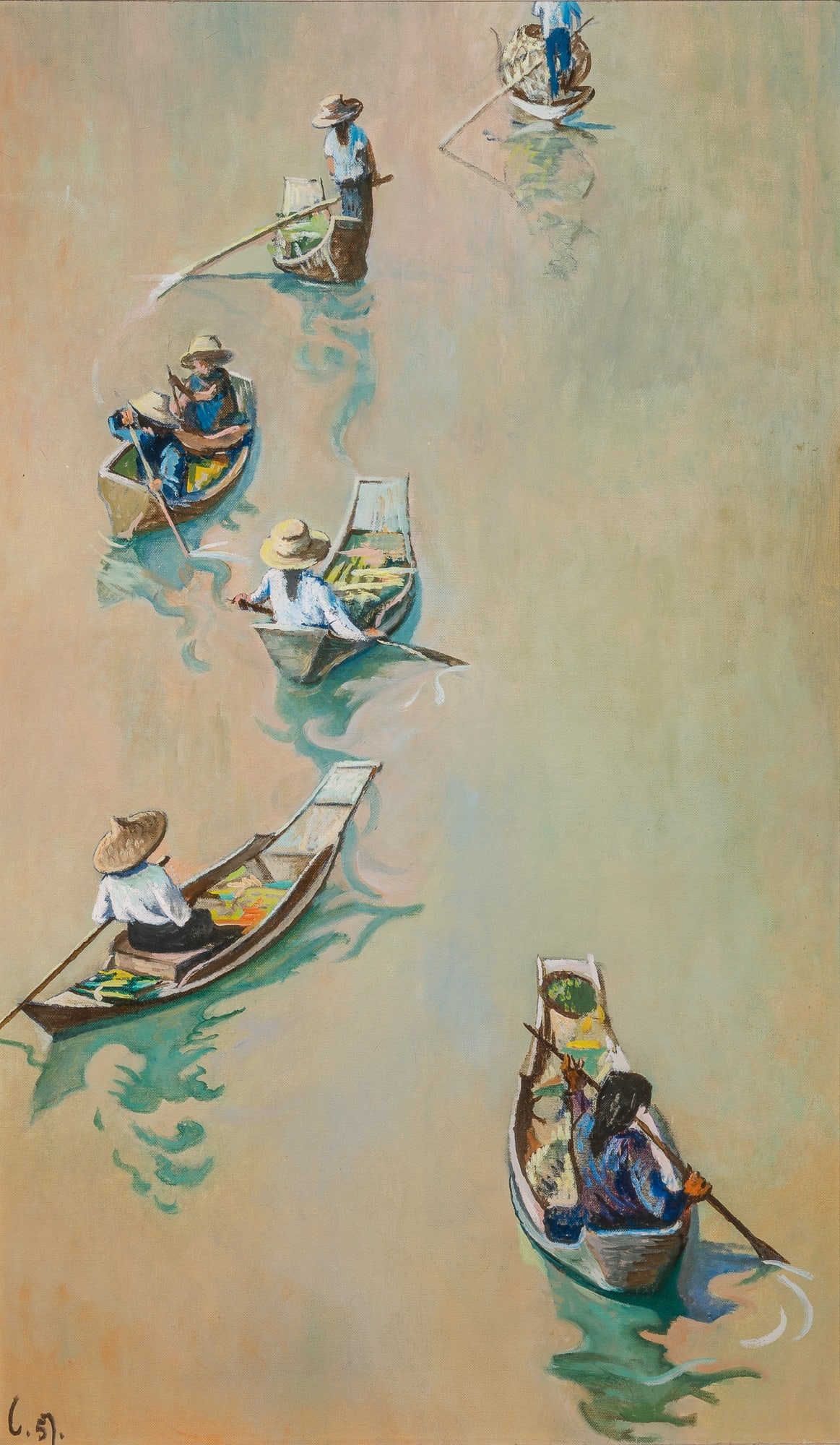 Leonid Berman: Estate / Collection: The Collection of Joanne B. Breyer Russian, 1896 - 1976 Water-peddlers, Bangkok, 1957Signed L57 (ll) and inscribed Water-Peddlers, Bangkok L 57 on the reverseOil on canvas
