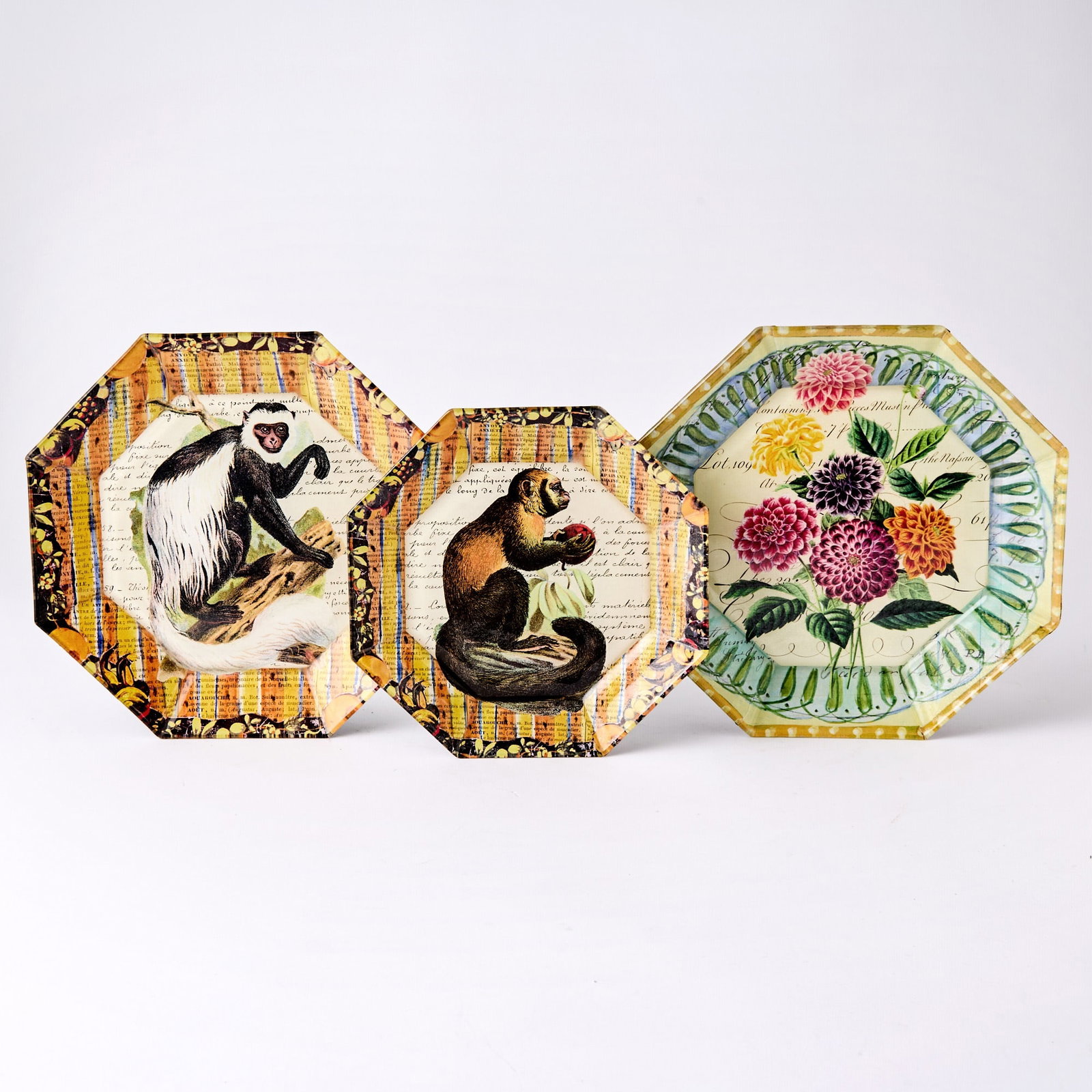 Set of Ten John Derian Octagonal Glass Plates: 20th Century Estate / Collection: The Collection of Joanne B. Breyer Comprising four botanical luncheon plates, diameter 8 3/4 inches; three monkey luncheon plates, diameter 8 3/4 inches; and three mo