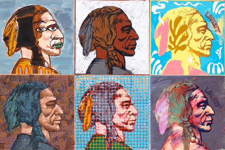 Paul Giovanopoulos: Greek, b. 1939Six Indians, 1994 Signed and dated Paul Giovanopoulos 94 and inscribed as titled on the reverseOil, acrylic and mixed media on canvas24 x 36 1/4 inches (61.0 x 92.1 cm)Unframed