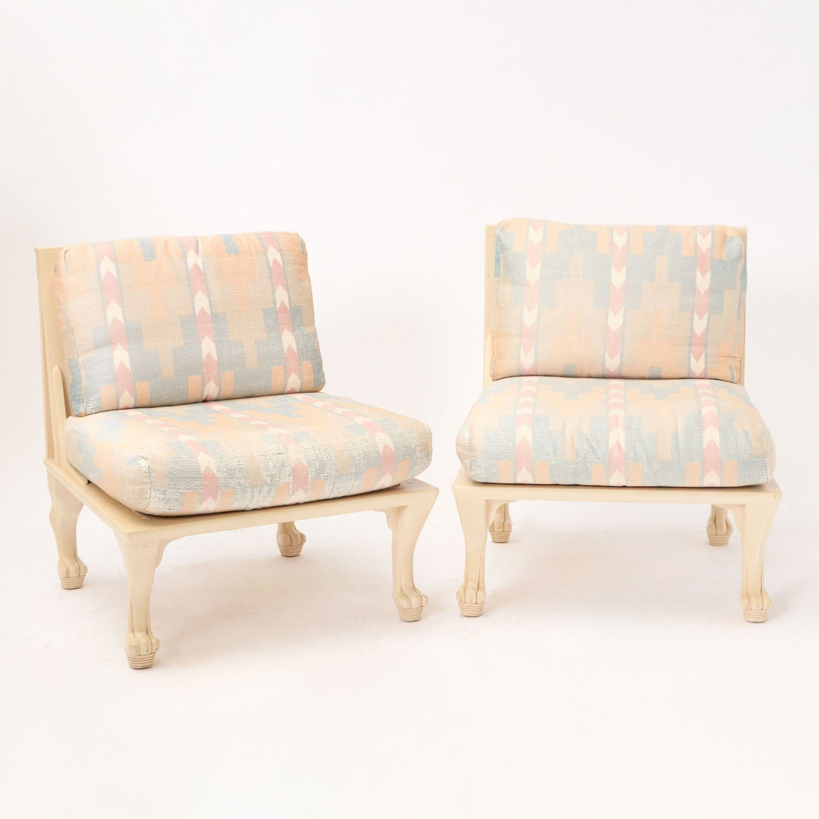 Pair of John Hutton for Randolph & Hein Upholstered Painted Wood "Thebes" Lounge Chairs 1970s: Height of back 32 inches, height of seat 17 inches, width 27 1/2 inches, depth 29 inches. Qty: (Pair)