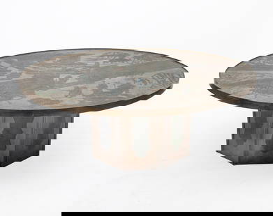 Philip and Kelvin LaVerne Patinated and Enamel Bronze "Chan" Pattern Coffee Table 1970s: The circular top raised on a faceted drum-form base. Height 17 inches, diameter 47 1/2 inches.