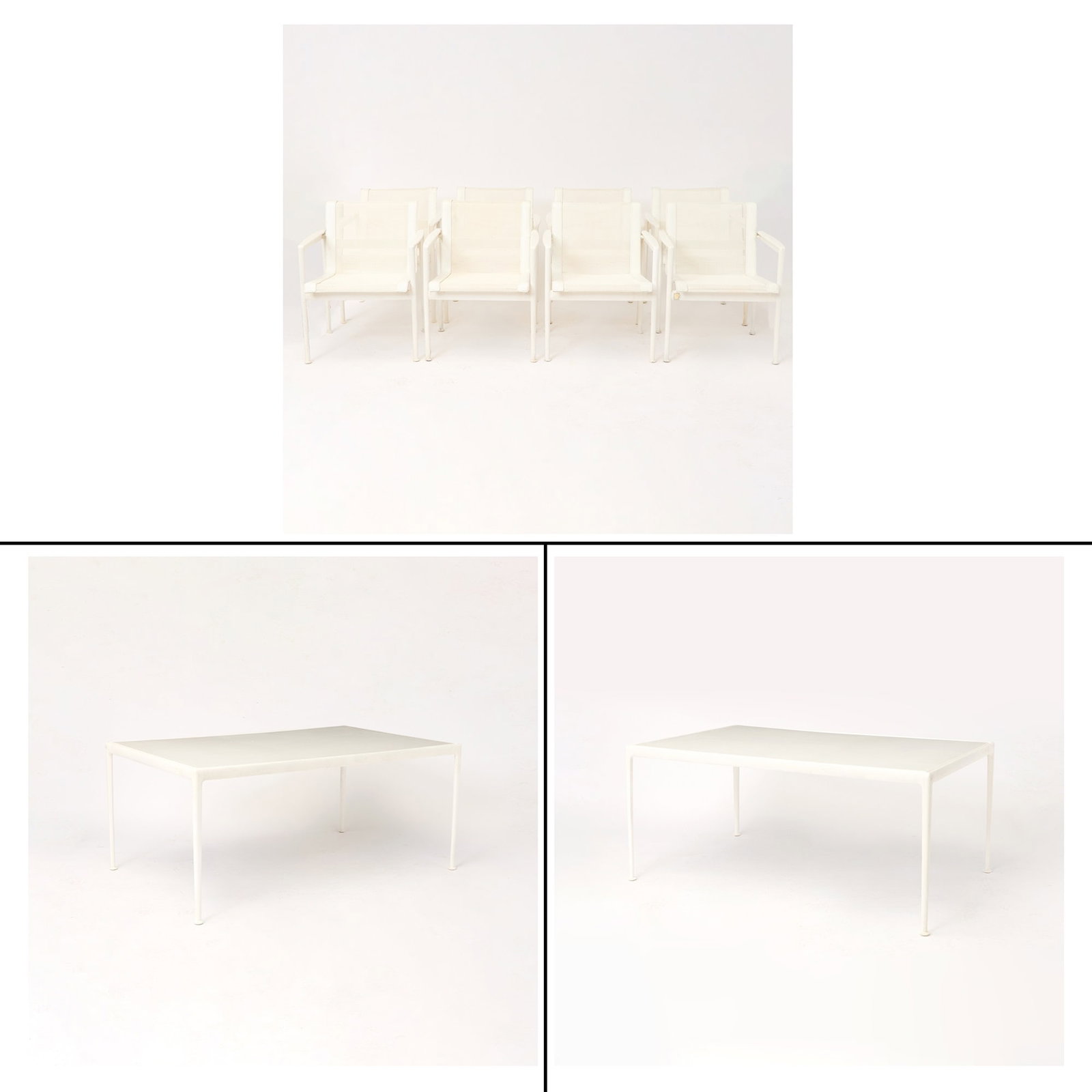 Group of Richard Schultz Painted White Outdoor Dining Furniture Late 20th century: Comprising a pair of dining tables, height 26 1/2 inches, width 59 3/4 inches, depth 38 inches; and eight dining chairs, height 29 inches, width 23 inches, depth 26 inches, height of seat 16 inches. <