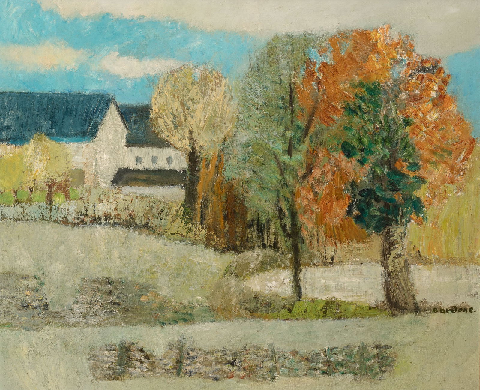 Guy Bardone: French, 1927-2015L'etang, Sarthe, 1961Signed Bardone. (lr); signed G. Bardone, dated 61 and inscribed as titled on the reverseOil on canvas19 3/4 x 24 inches (50.2 x 61 cm)