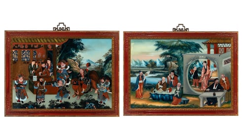 Two Chinese Reverse Glass Paintings 19th Century