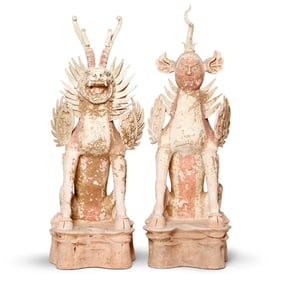 Two Chinese Pottery Earth Spirits Tang Dynasty