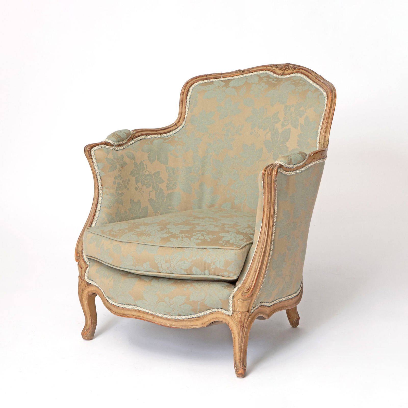 Louis XV Style Painted Bergere: Height 31 inches, width 27 1/4 inches, depth of seat 21 inches, height of seat 15 1/4 inches.