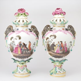 Pair of KPM Hand-Painted Porcelain Potpourri Urns and Covers