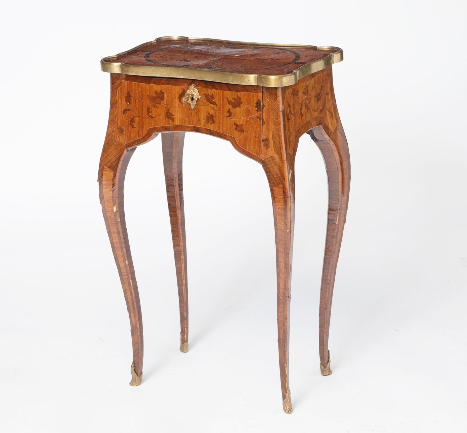 Louis XV style Inlaid Kingwood Serpentine Side Table: Height 29 1/2 inches, width 18 1/4 inches, depth 12 inches. lifting and losses to veneer; cracking; finish disturbance to top