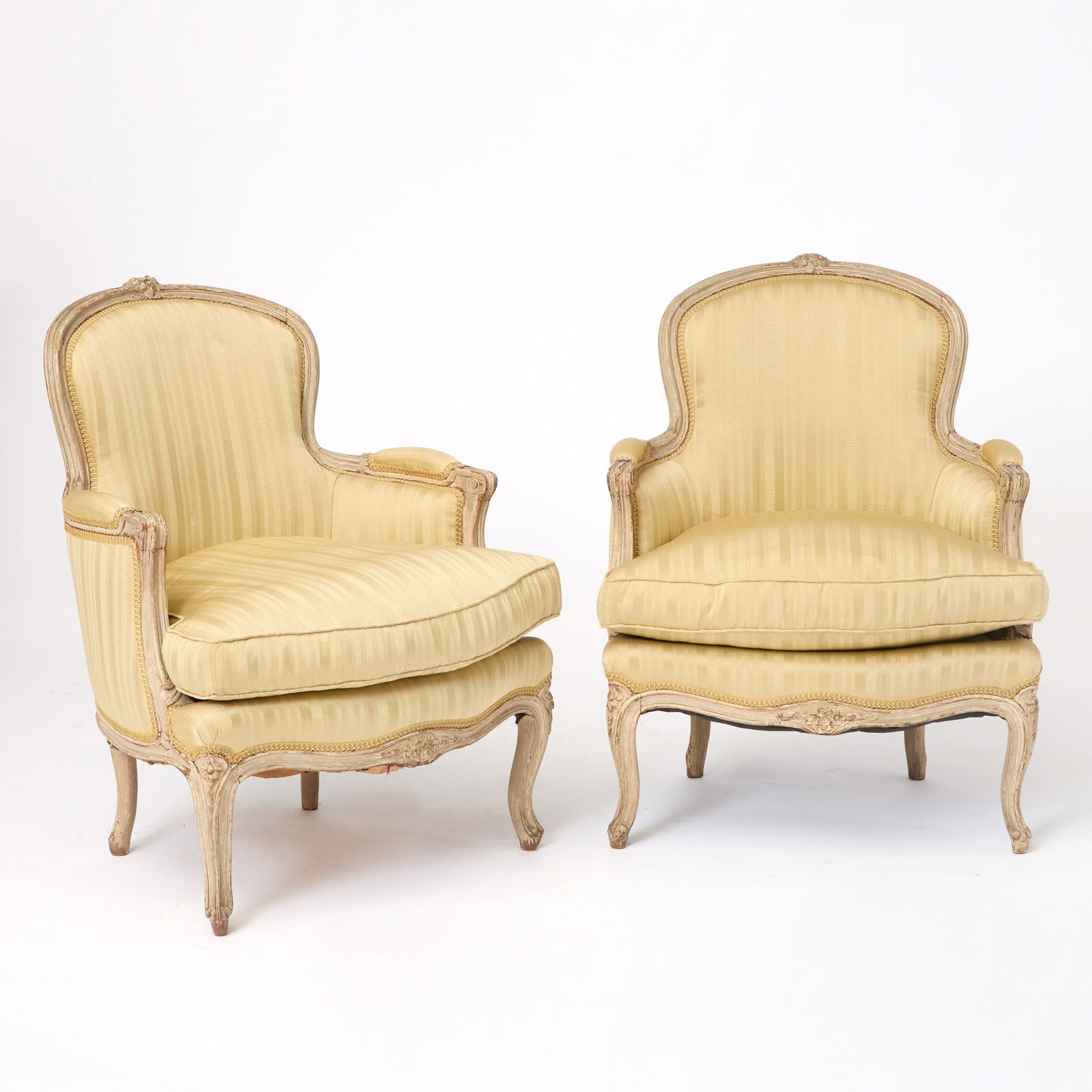 Pair of Louis XV Painted Bergeres en Cabriolet: Height 33 1/4 inches, width 25 1/2 inches, depth of seat 20 inches, height of seat 17 1/4 inches. Qty: (4)
