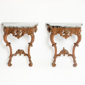 Pair of Louis XV Style Marble Top Carved Walnut Consoles