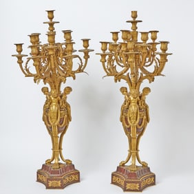 Pair of Louis XVI Style Gilt-Bronze and Marble Candelabra