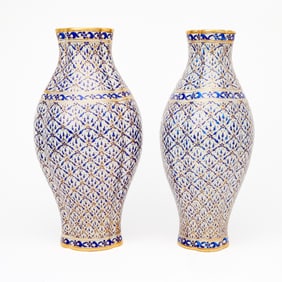 Pair of Continental Gilt-Decorated Blue and White Quatrefoil Porcelain Vase Late 19th/20th century,