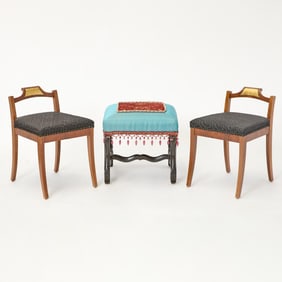 Pair of Part Ebonized Mahogany Benches Together with a Louis XIV Style Ebonized Tabouret