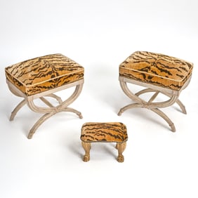 Pair of Louis XVI Style Painted Wood X-Form Stools Together with a Giltwood Footstool