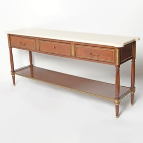 Louis XVI Style Marble Top Brass Mounted Mahogany Console Serving Table