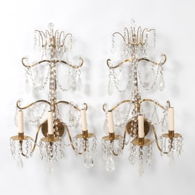 Pair of French Bronze and Rock Crystal Three-Light Wall Sconces