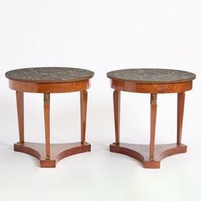 Pair of Directoire Style Mahogany and Marble Top Circular Tables