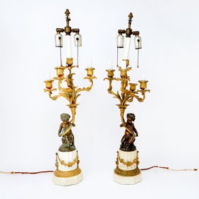 Pair of Louis XV Style Gilt Bronze and Marble Candelabra Mounted Lamps