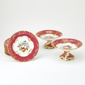 English Porcelain Floral Decorated Partial Dessert Service