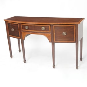 George III Style Satinwood Banded Mahogany Bowfront Sideboard