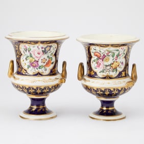 Matched Pair of Royal Crown Derby Porcelain Two-Handled Vases