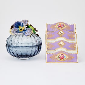Jay Strongwater Enamel and Glass Orb-Form Box with a Continental Porcelain Stationery Holder