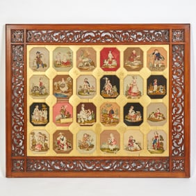 Set of Twenty-Four Framed Miniature Needlepoint Scenes in a Rosewood Frame Late 19th Century
