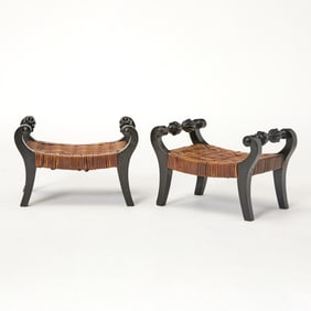 Pair of Anglo Indian Ebony and Rattan Small Benches