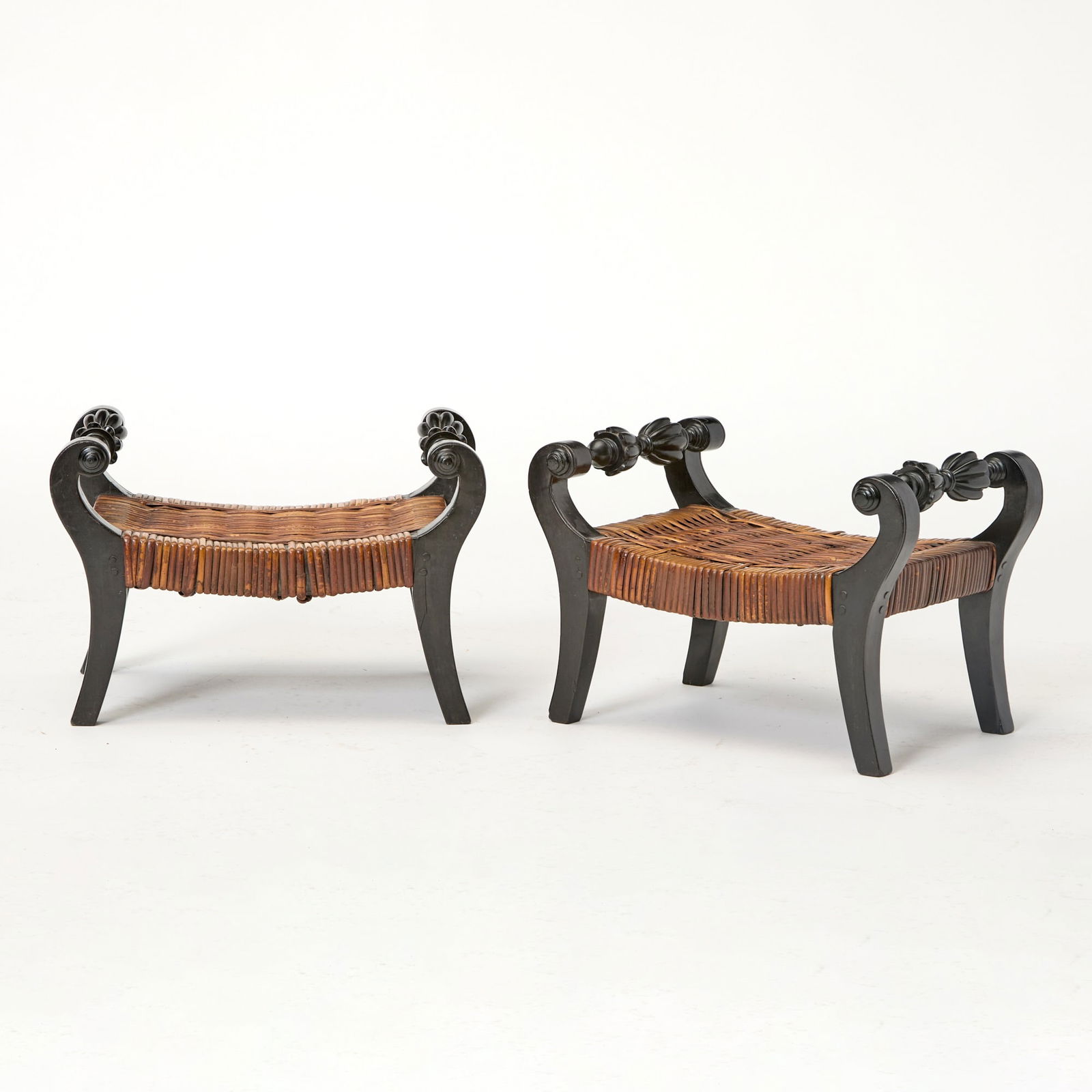 Pair of Anglo Indian Ebony and Rattan Small Benches (1 of 4)
