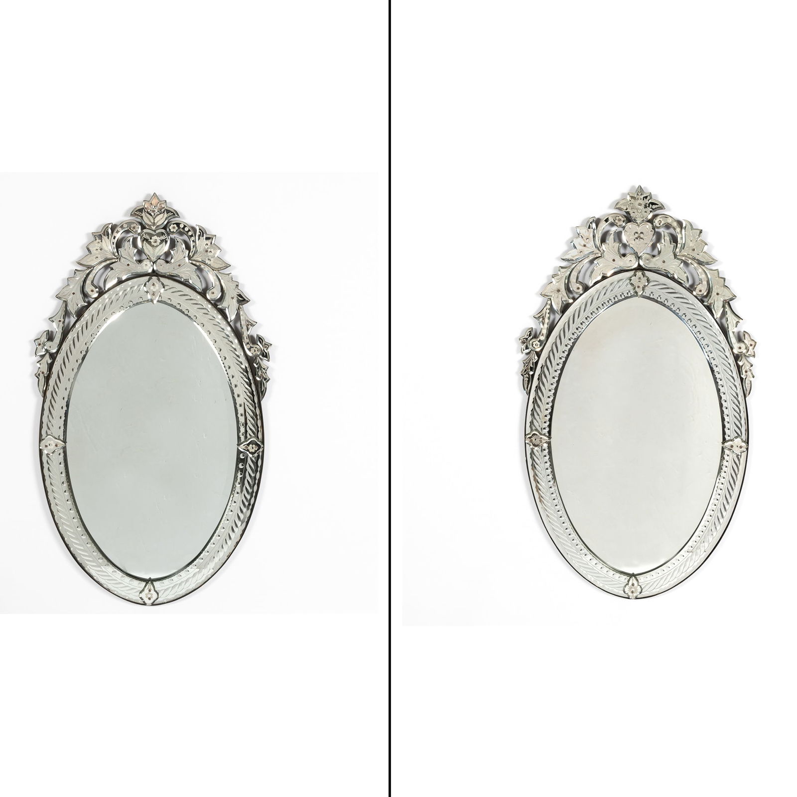Pair of Oval Venetian Engraved Mirrors: style="text-align: justify;">Height 42 inches, width 24 inches.