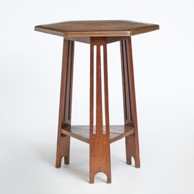 Arts & Crafts Style Oak and Copper Hexagonal Side Table