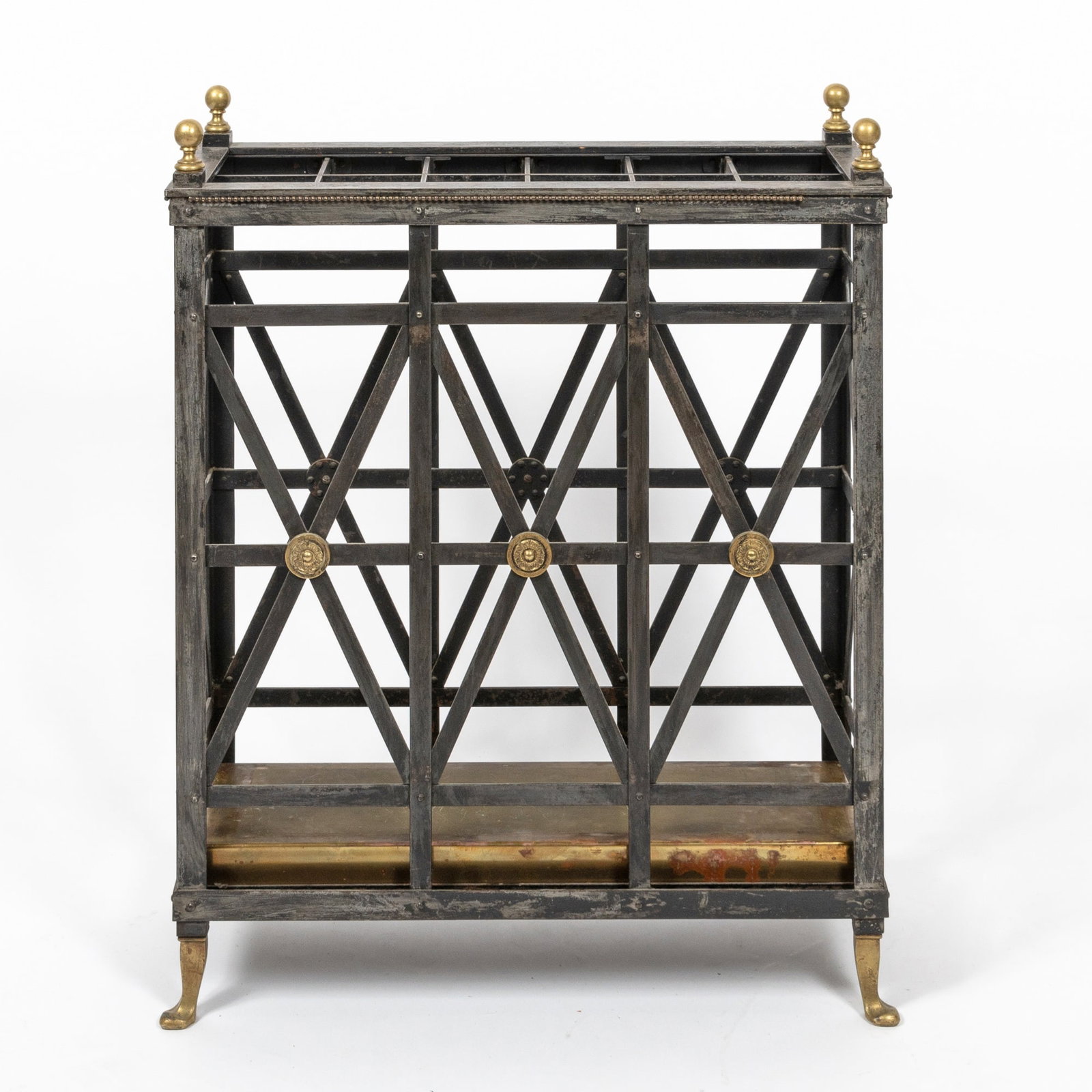 Brass and Painted Steel Umbrella Stand: Height 31 inches, width 24 1/2 inches, depth 9 3/4 inches worn black paint