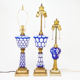 Three Blue Milk Glass Lamps