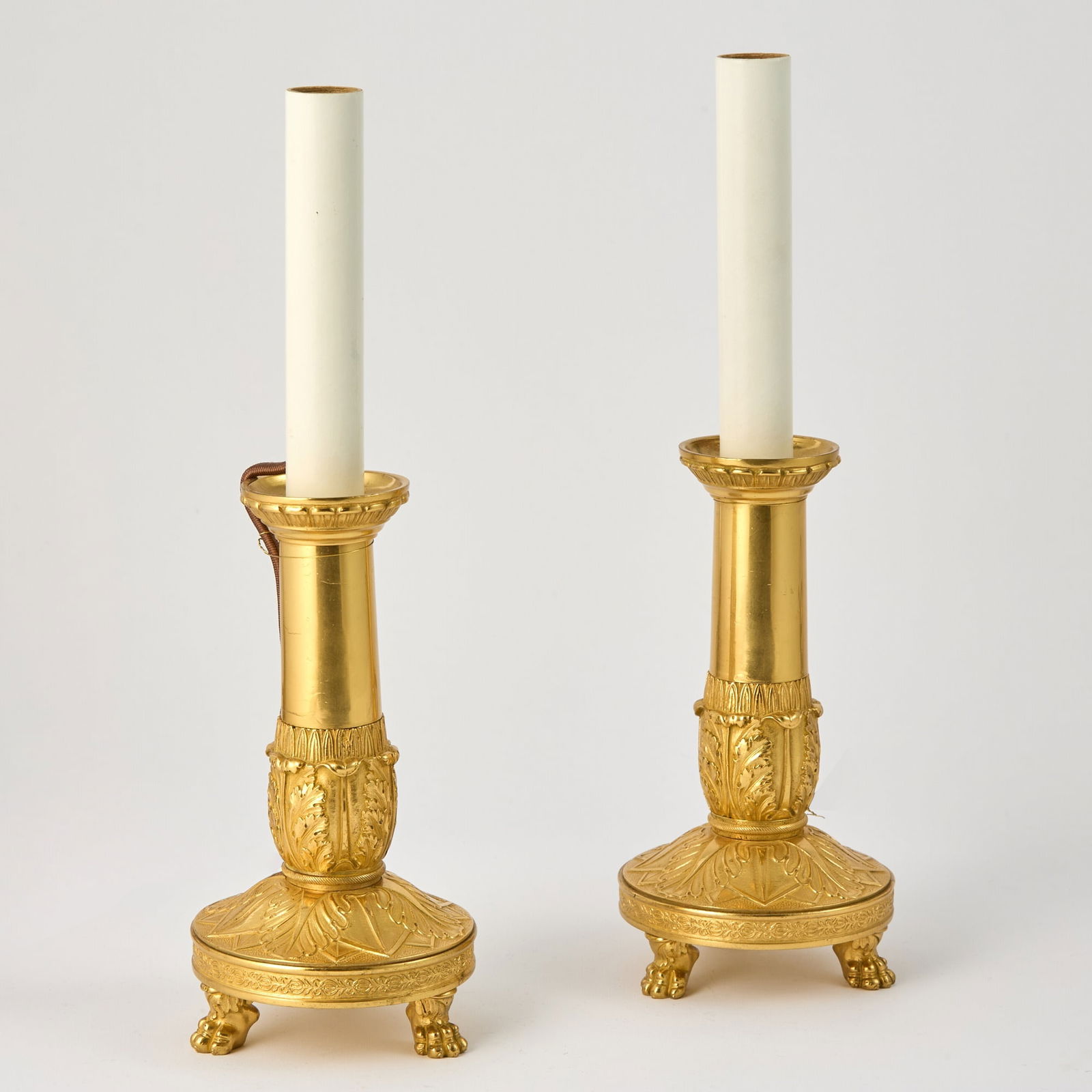 Pair of French Empire Ormolu Candlestick Lamps (1 of 3)