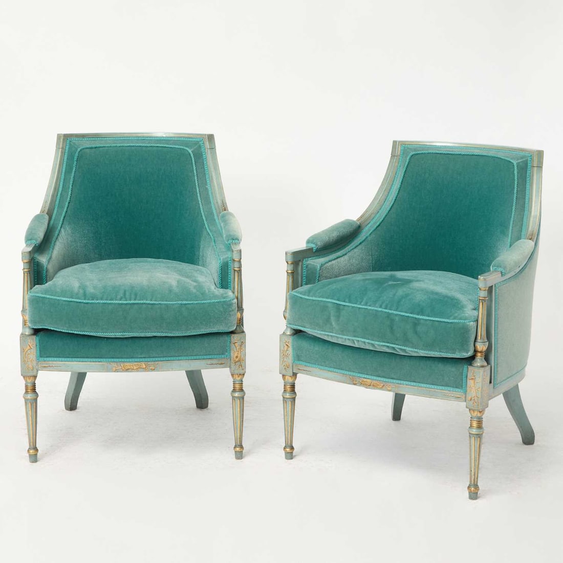 Pair of Louis XVI Style Blue Painted and Gilt Bergeres (1 of 3)