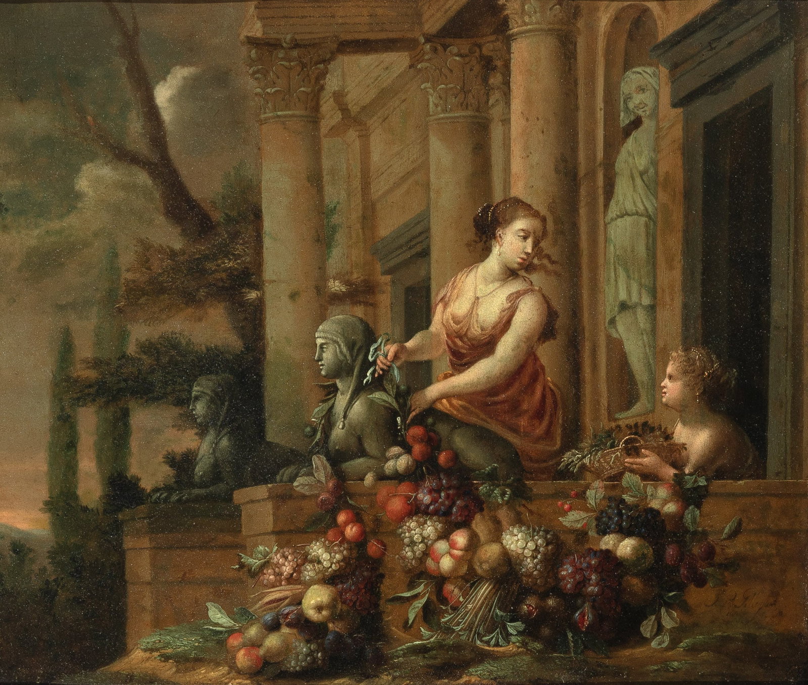 Jan Pauwel Gillemans the Younger: Flemish, 1651-1704 A Priestess and an Attendant Preparing Fruit Garlands before an Egyptian Temple Signed J. P. Gillemans and dated 16 ... ft. (lr) Oil on copper 13 1/2 x 16 1/2 inches (34.