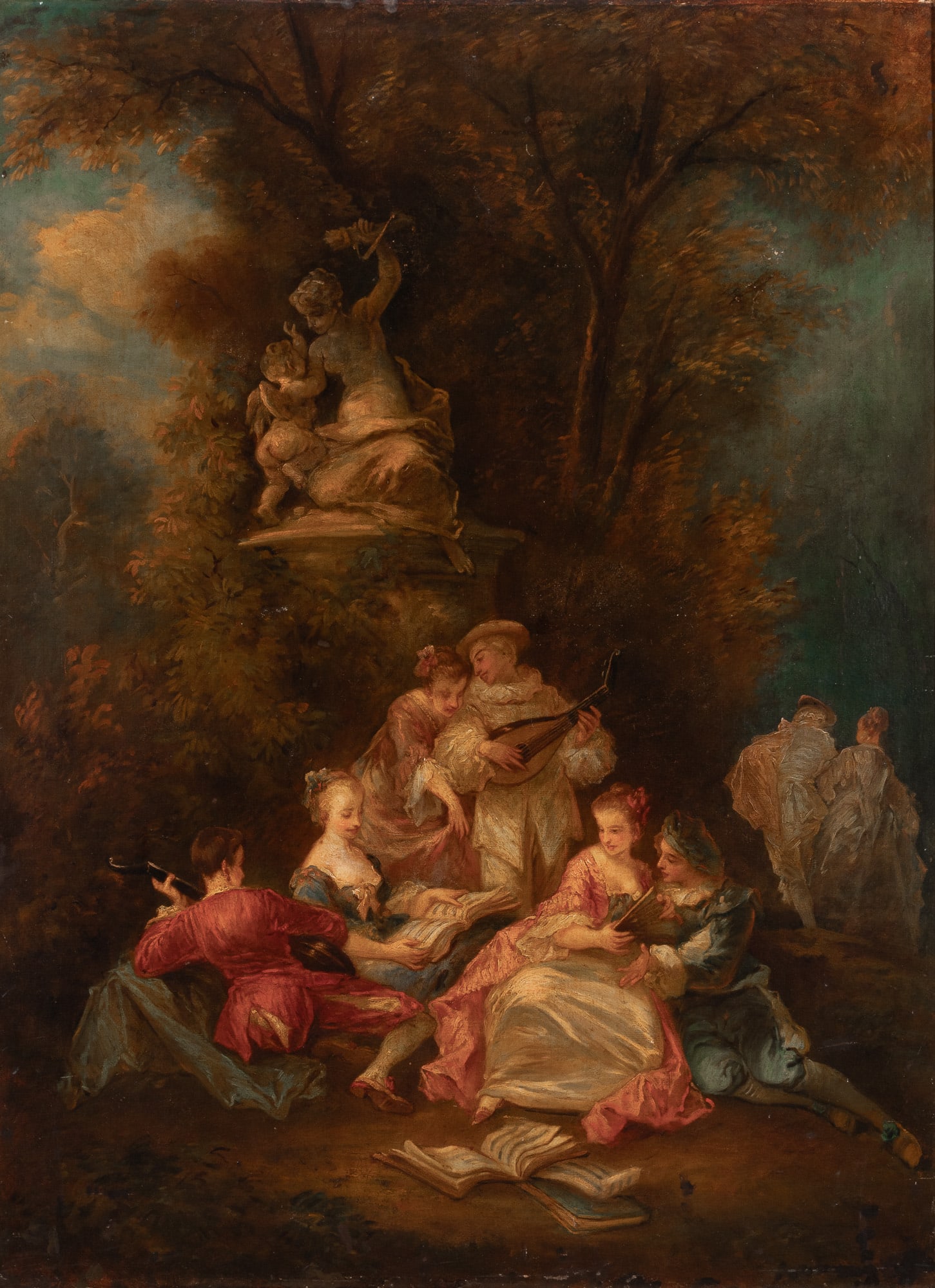 French School: 18th-19th Century Fête Galante Oil on canvas 51 1/2 x 38 1/2 inches (130.8 x 103 cm) Frame 56 x 42 1/2 inches (142.3 x 108 cm) Glue relined. Dense old varnish layer,