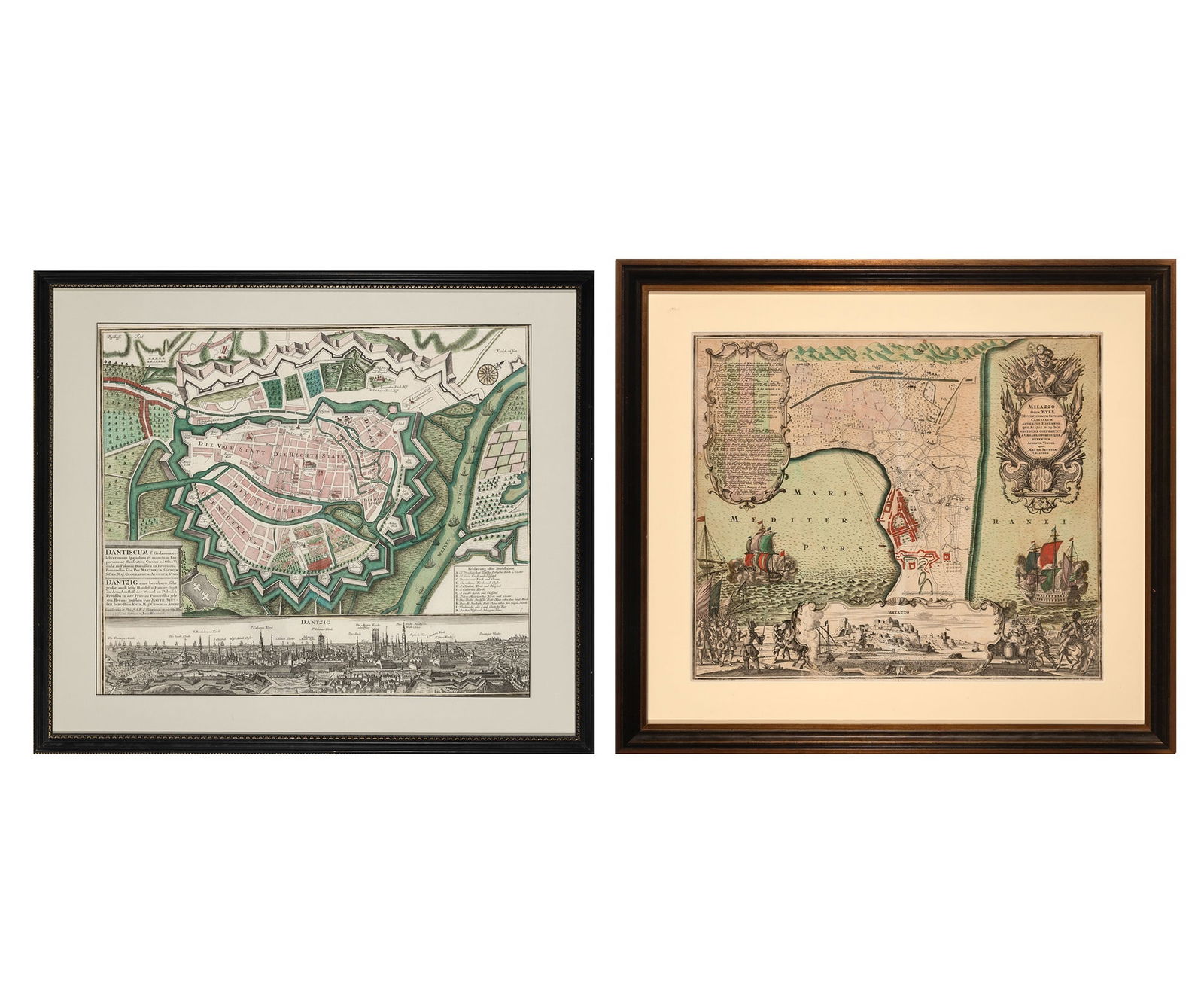 Two 18th-century maps showing Danzig, or Gdansk, Poland, and the 1718 siege of Milazzo, Sicily (1 of 3)