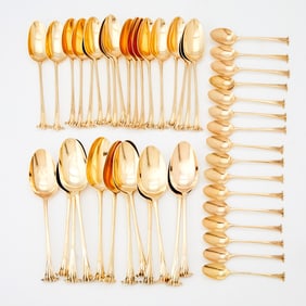 Assembled Set of Georgian Sterling Silver Gilt "Onslow" Pattern Spoons Various makers, largely mid