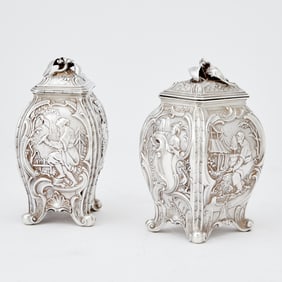 Pair of Victorian Sterling Silver Chinoserie Tea Caddies Robert Garrard, London, 1838