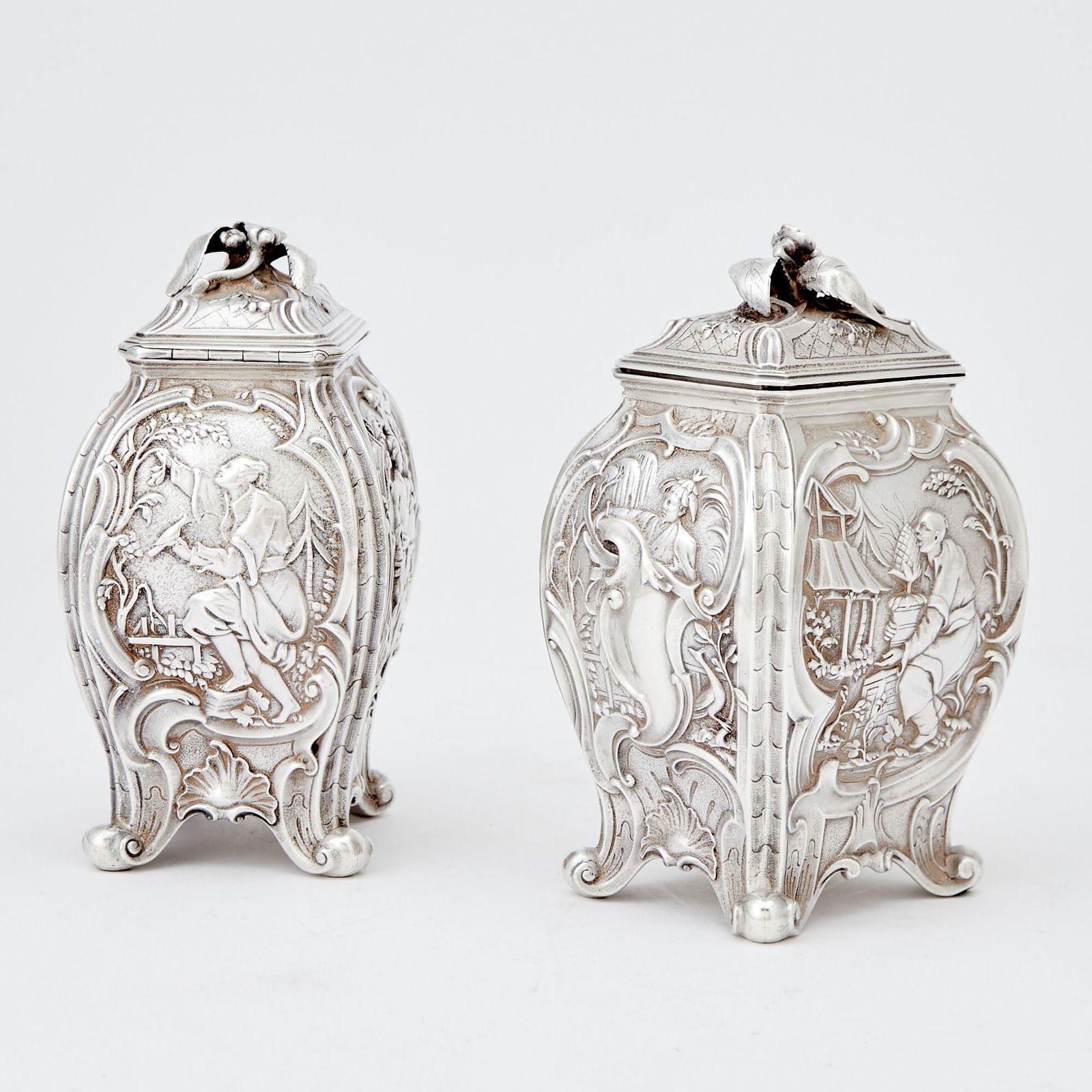Pair of Victorian Sterling Silver Chinoserie Tea Caddies Robert Garrard, London, 1838 (1 of 4)