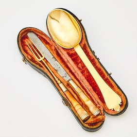 German Silver Gilt and Agate Traveling Flatware Canteen 18th Century