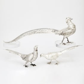 Three French Silver Figures of Pheasants Early 20th century